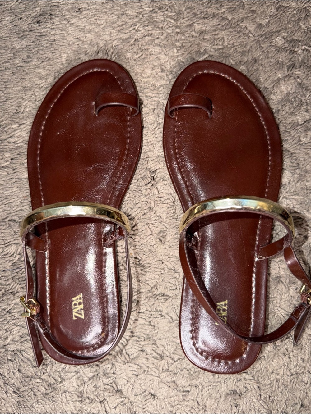 ZARA Brown Leather Sandals with Gold Accent